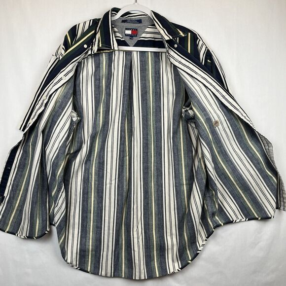 Vintage 90s Tommy Hilfiger Men's Shirt XL SS Button Up Crest Stripes Preppy Logo - Picture 7 of 12